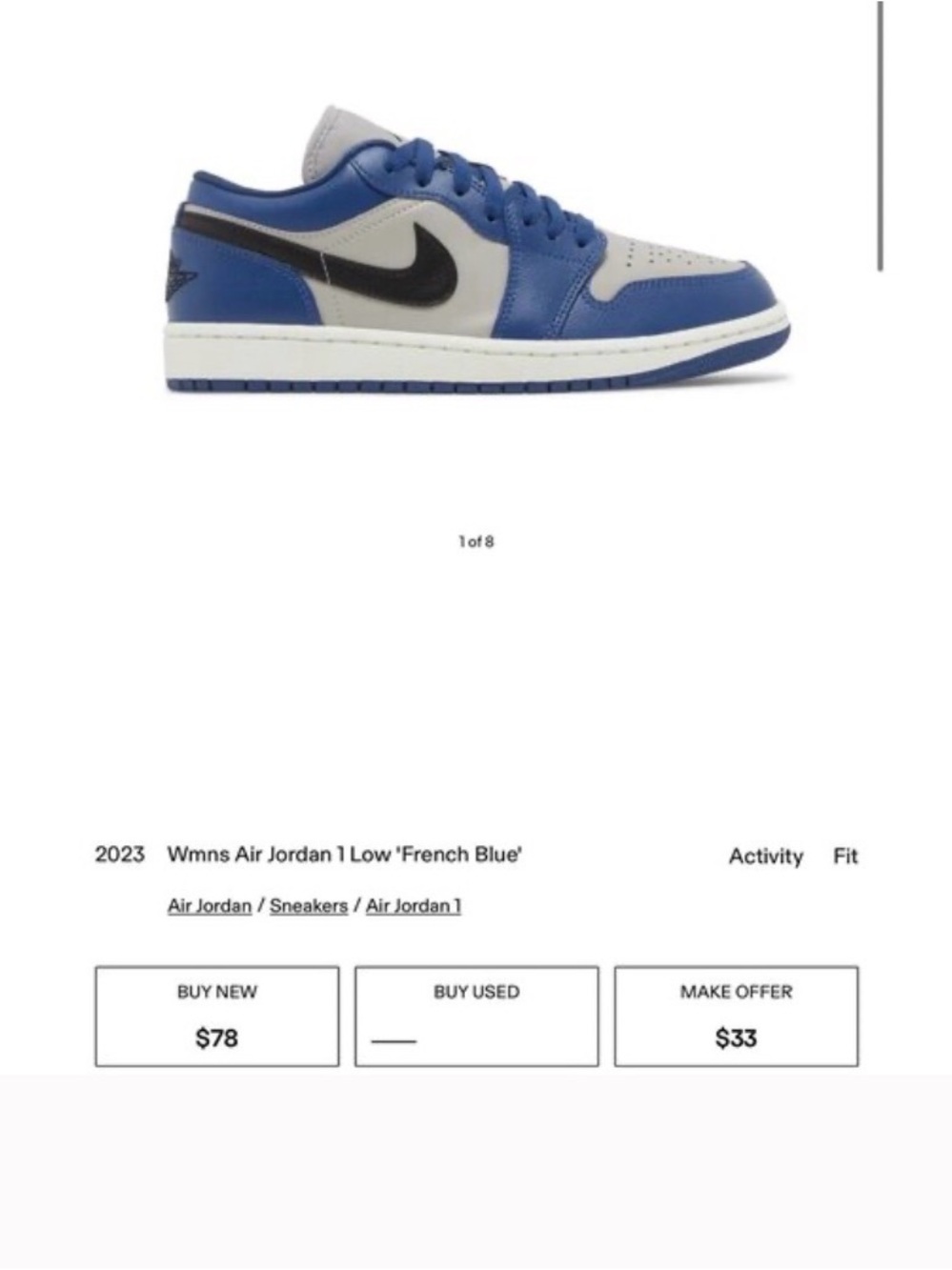 Nike air Jordan 1 low “frenchi” blue gray black sz 7